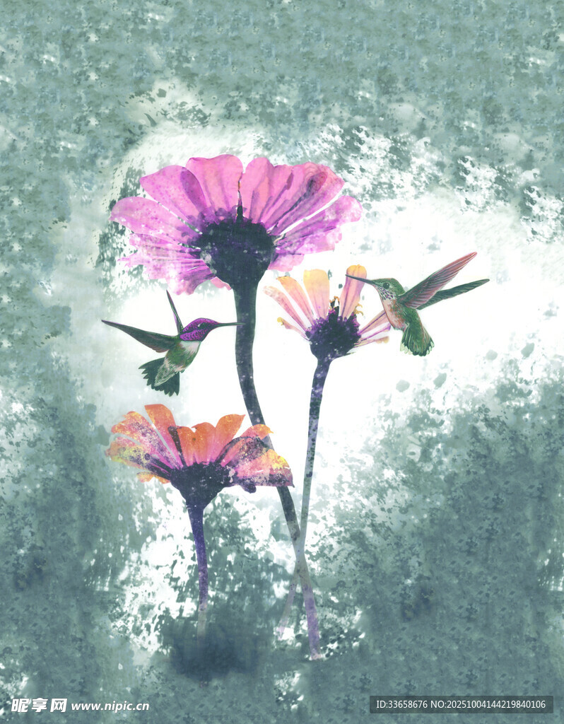 蜂鸟伴花图