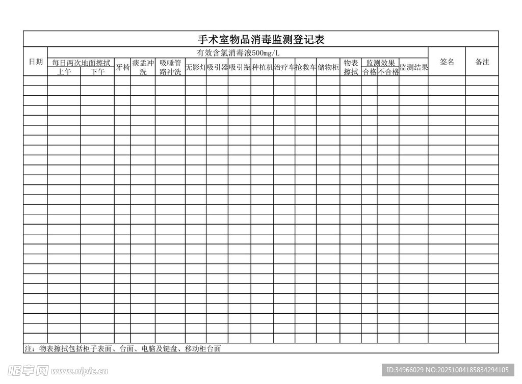 手术室物品消毒监测登记表