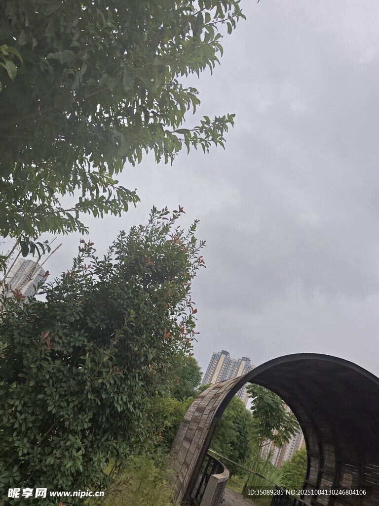 户外绿荫下的拱形建筑