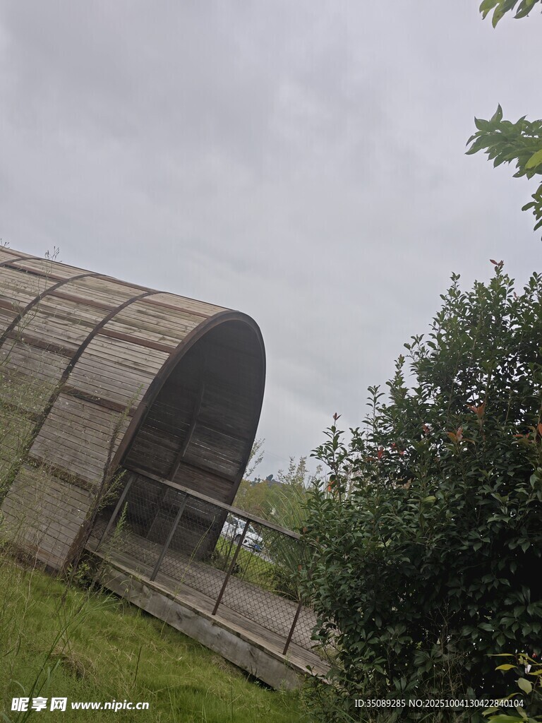 弧形建筑旁的绿植景观