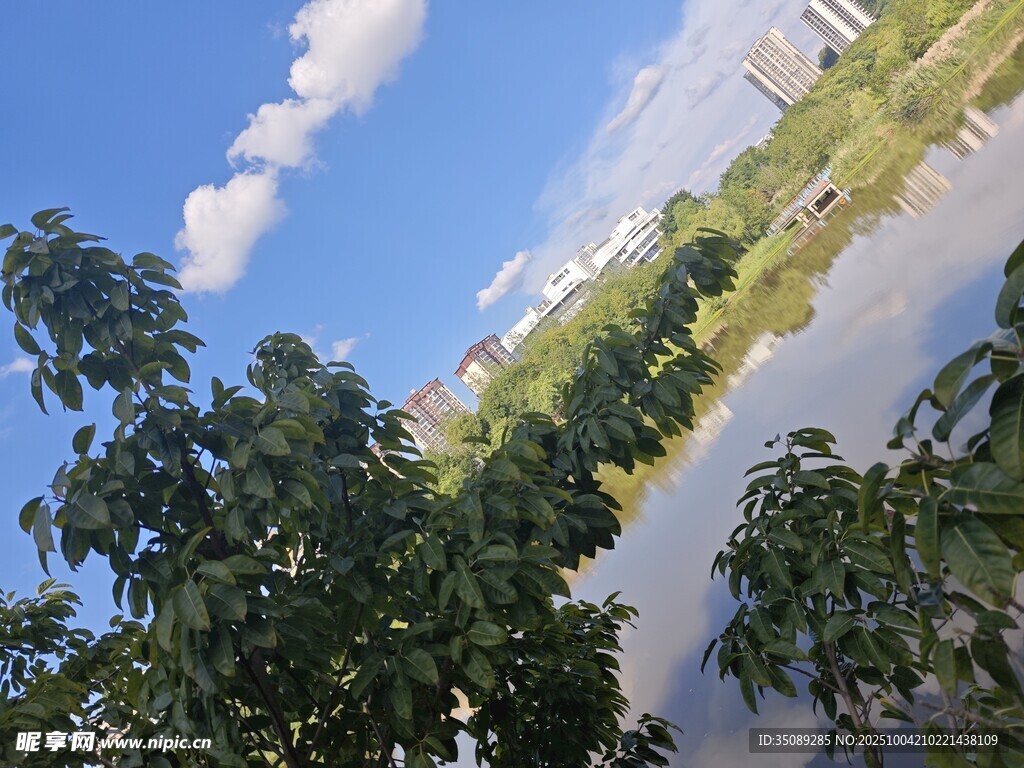 河畔绿树蓝天美景