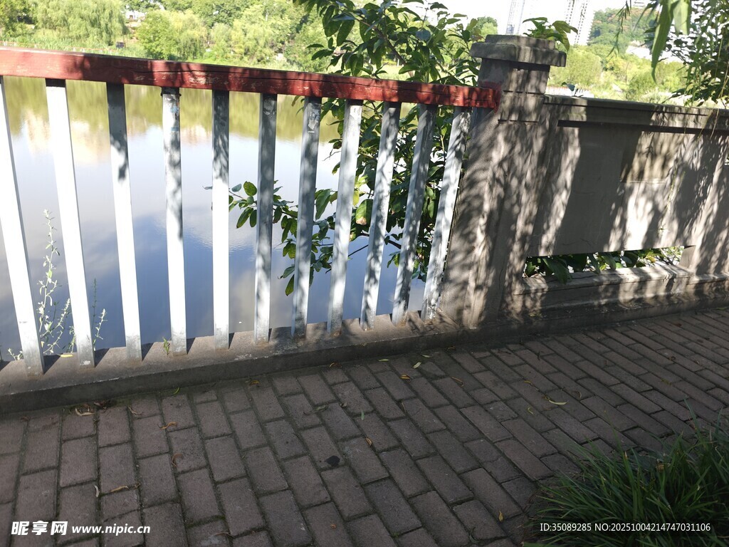 河边护栏旁的砖石步道