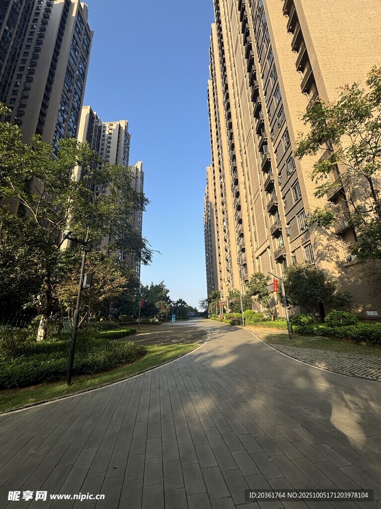 小区内的宽阔道路与高楼
