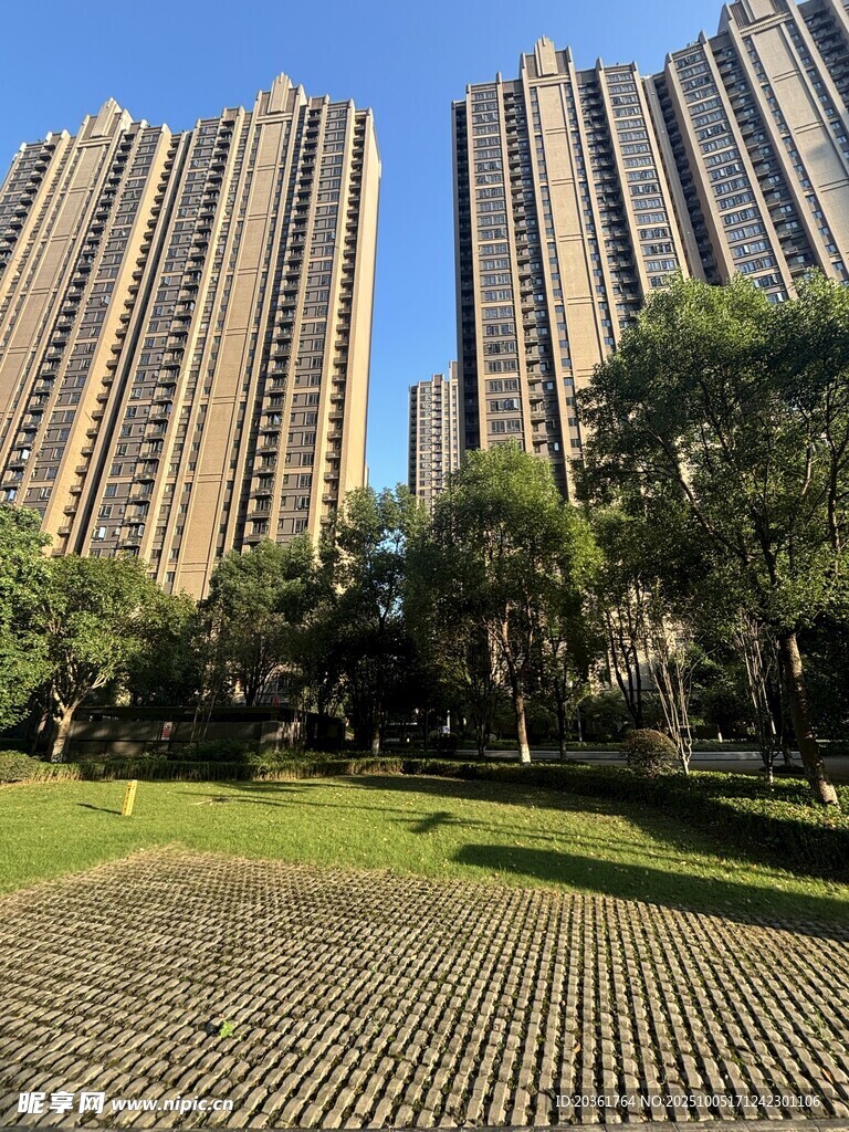 城市高楼旁的绿地景观