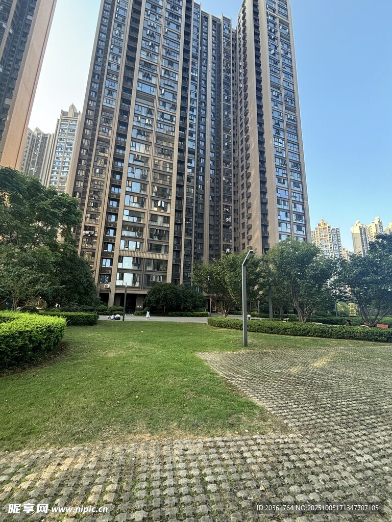 高层住宅旁的绿地景观