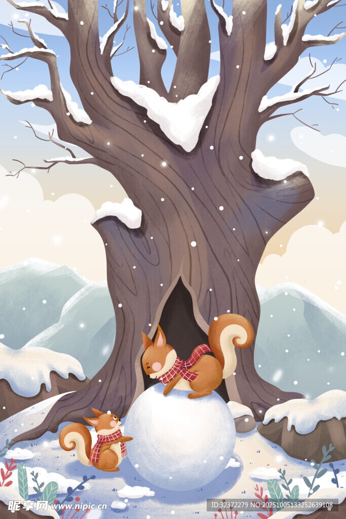 冬日树下松鼠与雪人场景