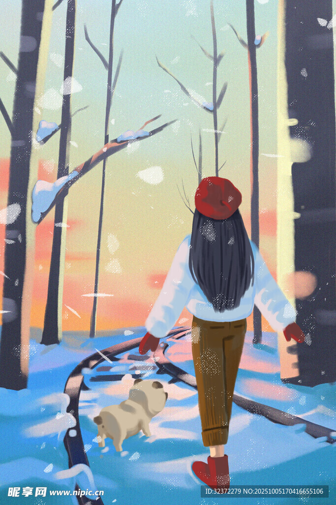 冬日女孩携狗漫步雪林