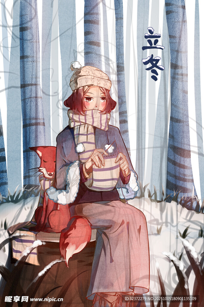 立冬时节的古风少女与狐