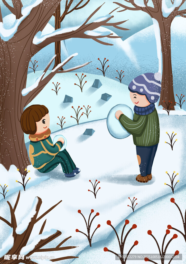 雪地中两孩童嬉戏玩耍