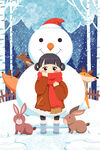 雪地中女孩与雪人兔子相伴