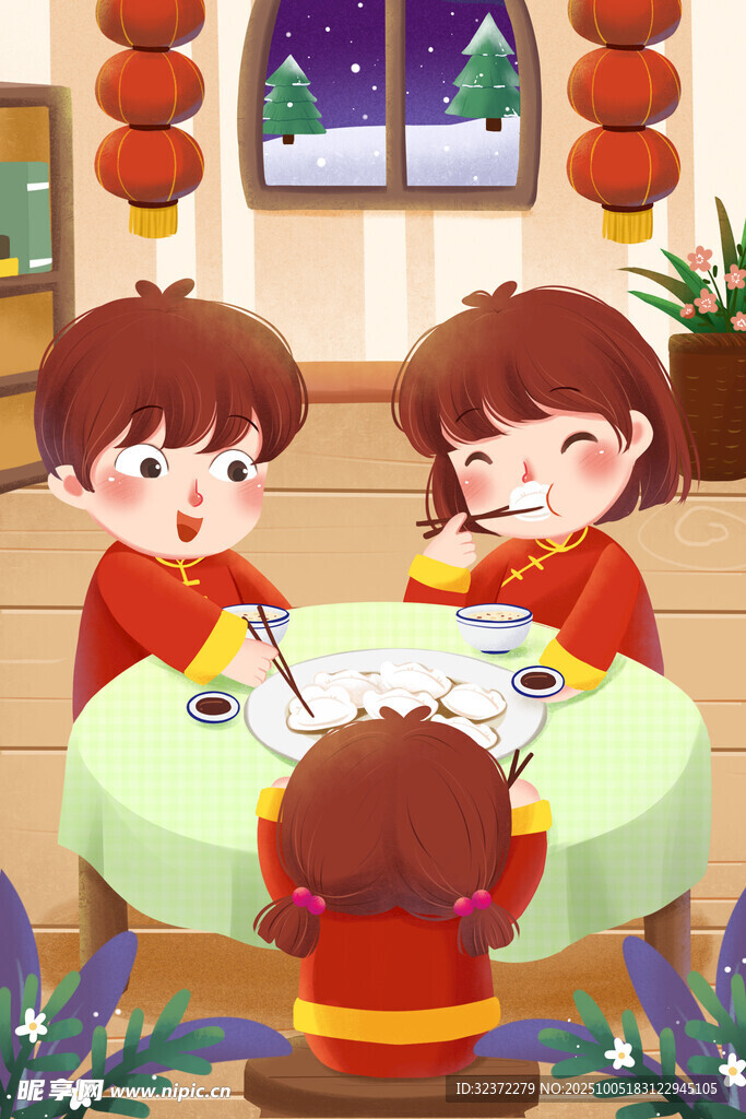 一家人温馨包饺子场景