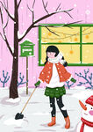 女孩冬日户外开心铲雪