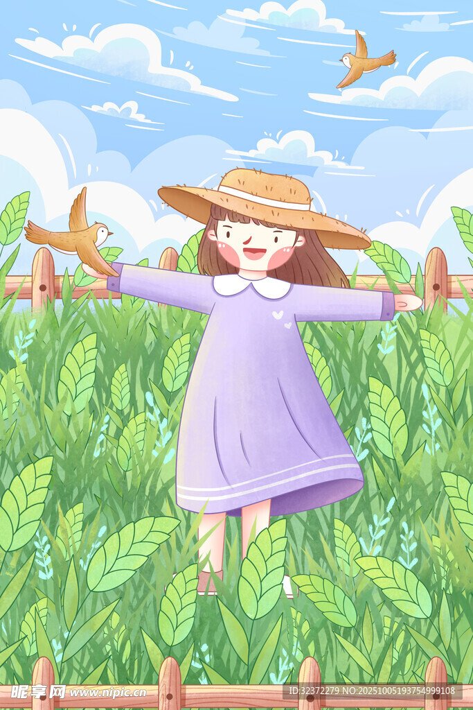 田野中女孩快乐张开双臂