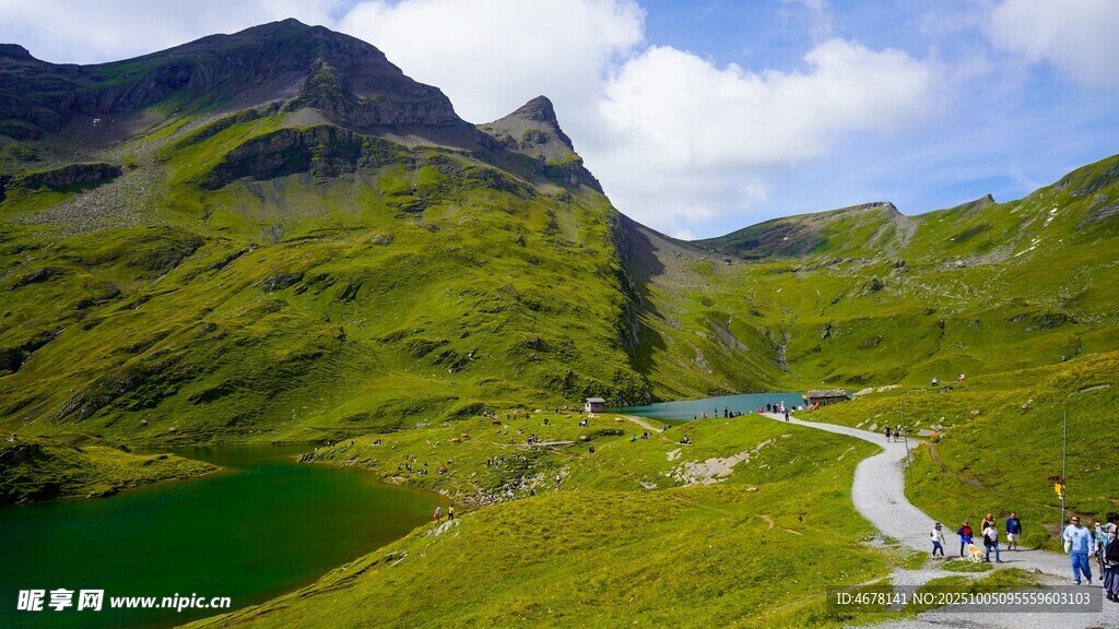 山间美景绿草湖泊与道路