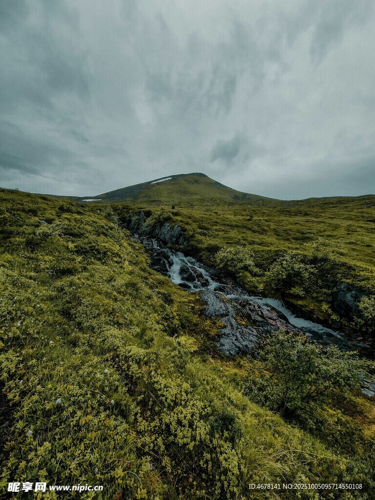 山间溪流穿绿草地