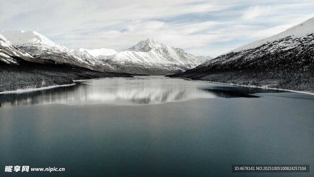 宁静雪山下的澄澈湖泊