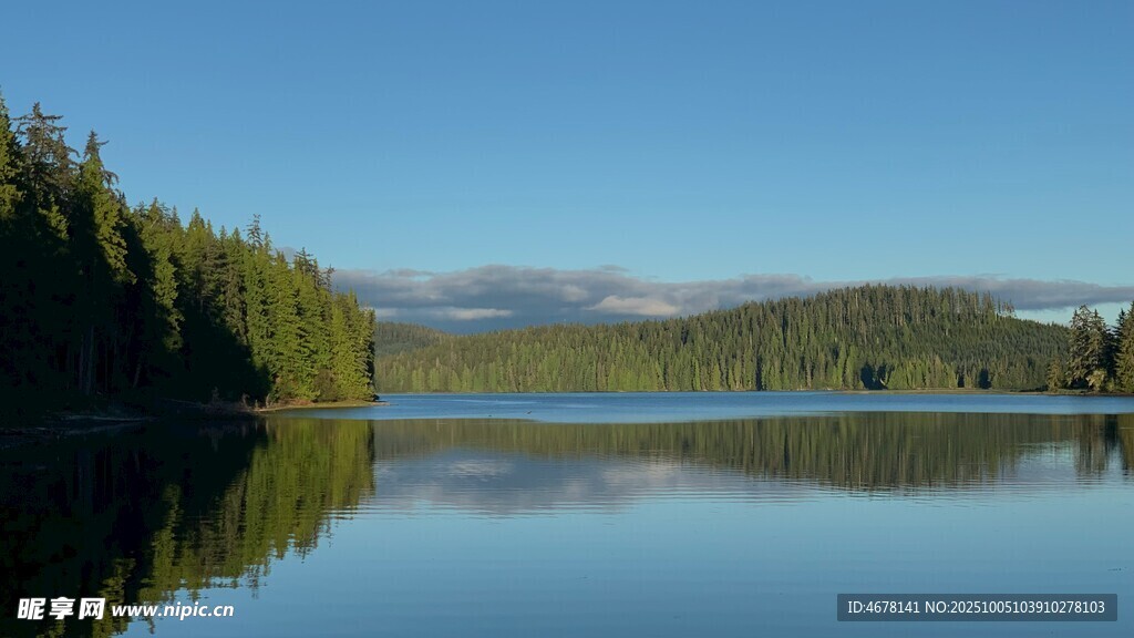 宁静湖泊与山林倒影美景