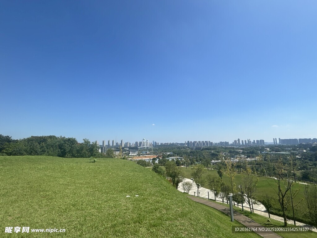 广阔绿草地与远处城市景观