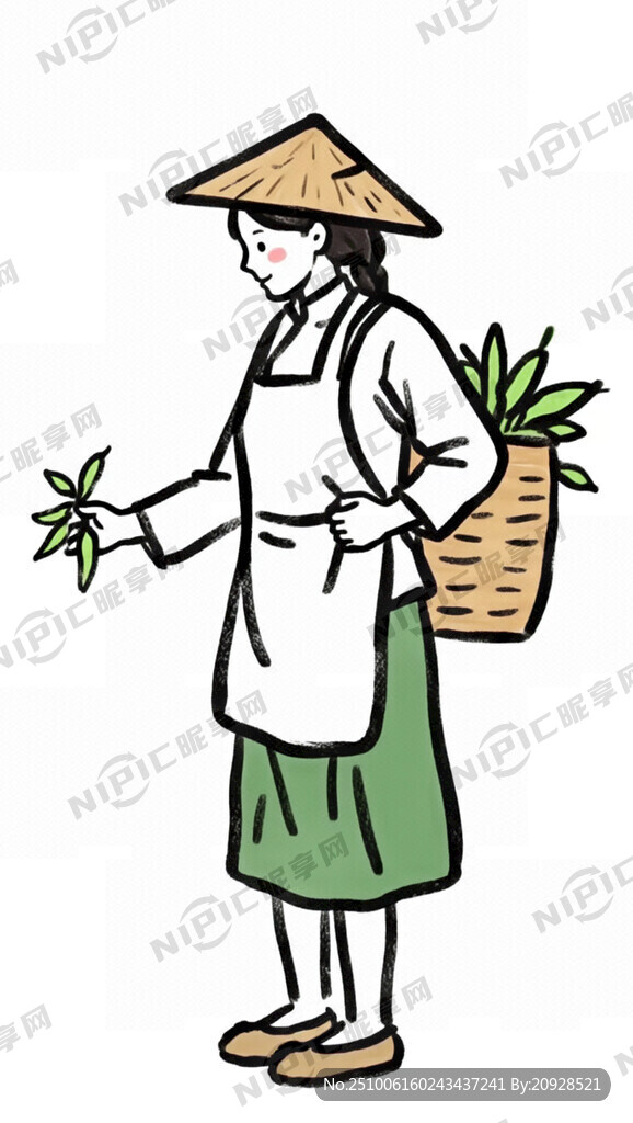 农家采茶女 戴斗笠 手拿辣椒