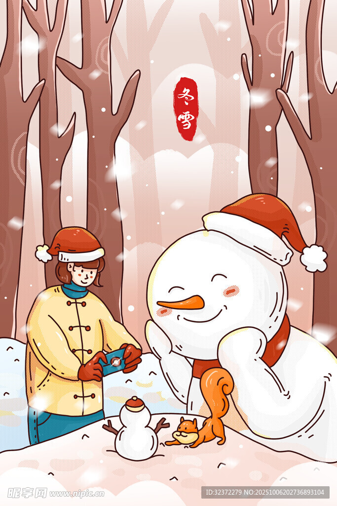冬日雪地堆雪人欢乐场景