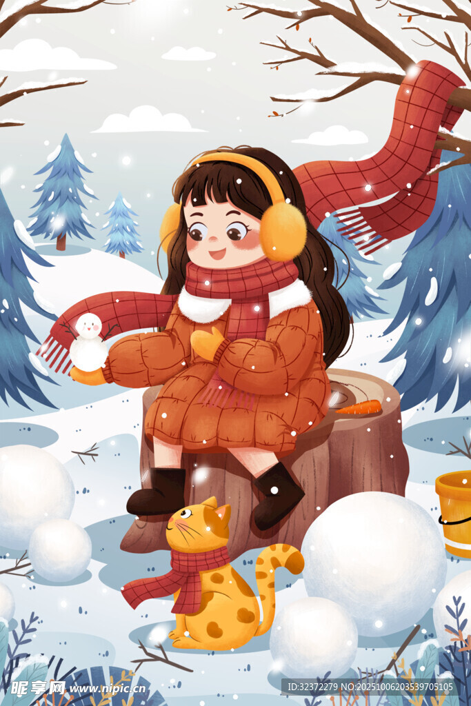冬日女孩与猫咪的温馨雪景