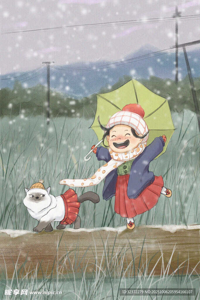 撑伞老者于雪地木梁吹奏