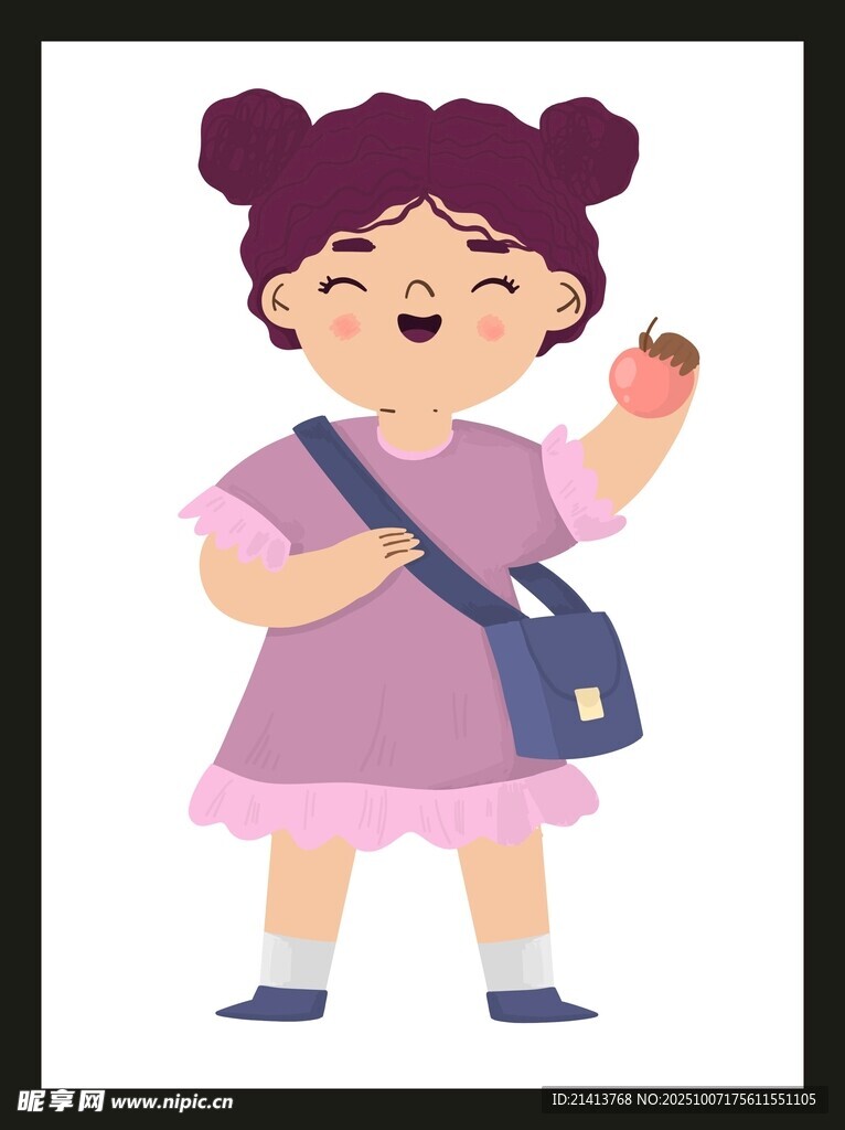 背着书包吃苹果的小女孩