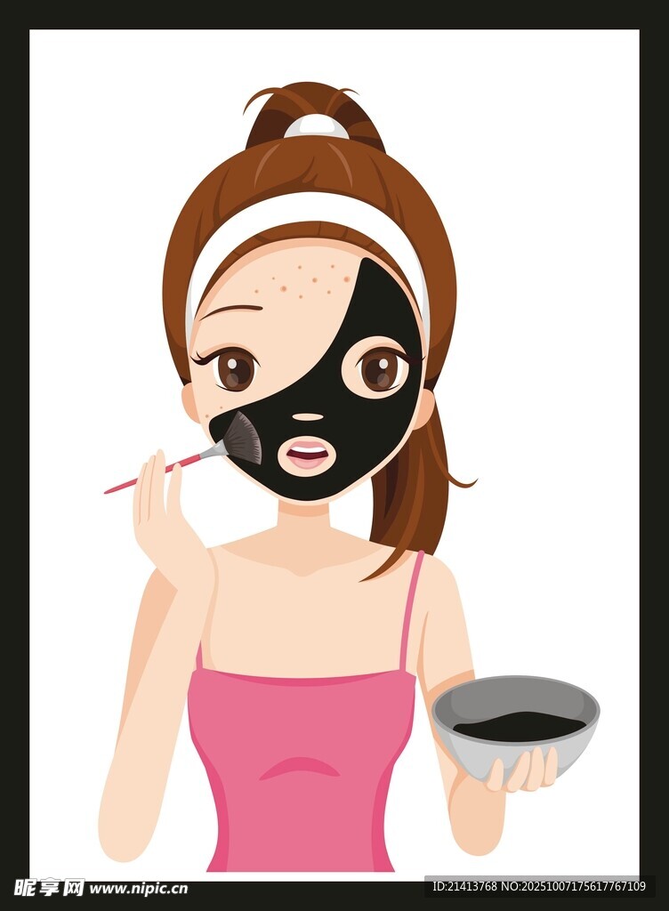 女孩敷黑色面膜护肤瞬间