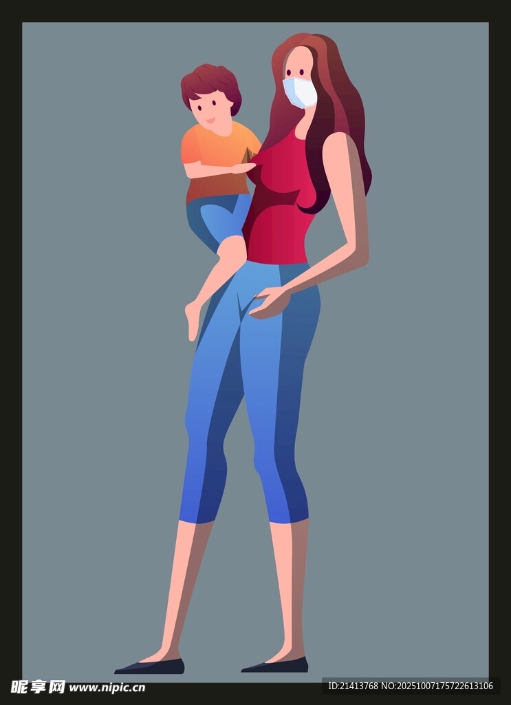 戴口罩抱孩子的时尚女性