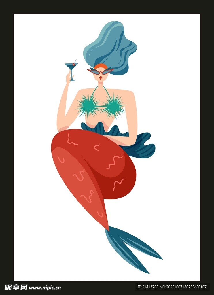 时尚美人鱼举杯插画