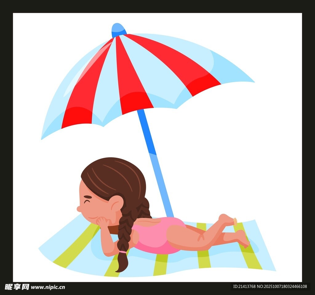 沙滩上躺卧遮阳伞下的女孩