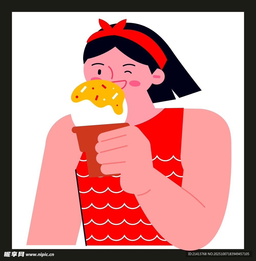 红衣女孩享用美味冰淇淋