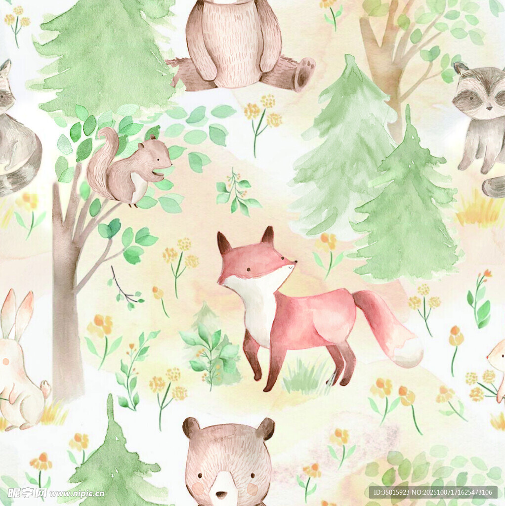 森林动物水彩插画图案