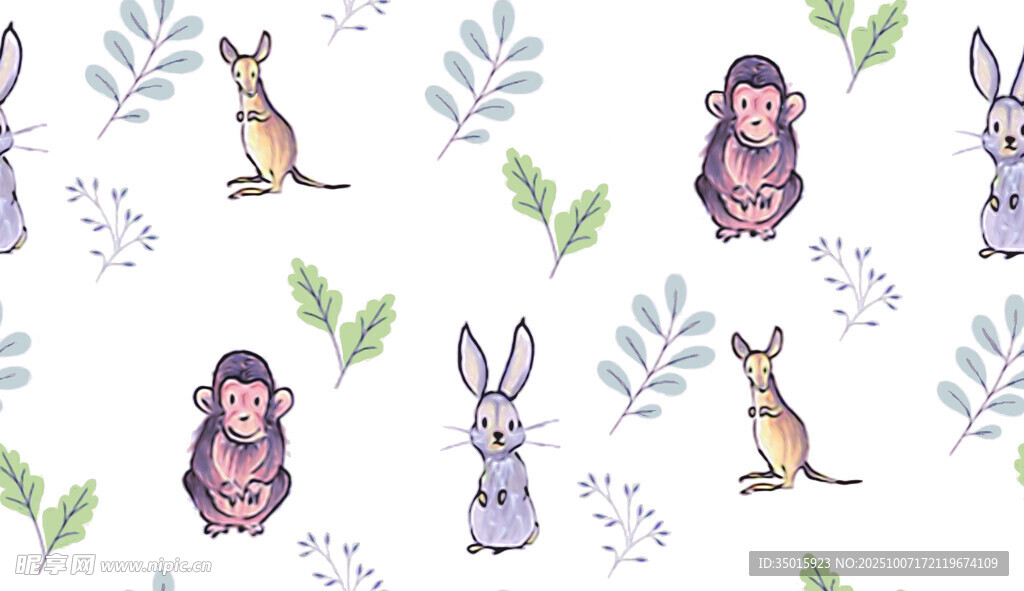 可爱动物花卉无缝图案