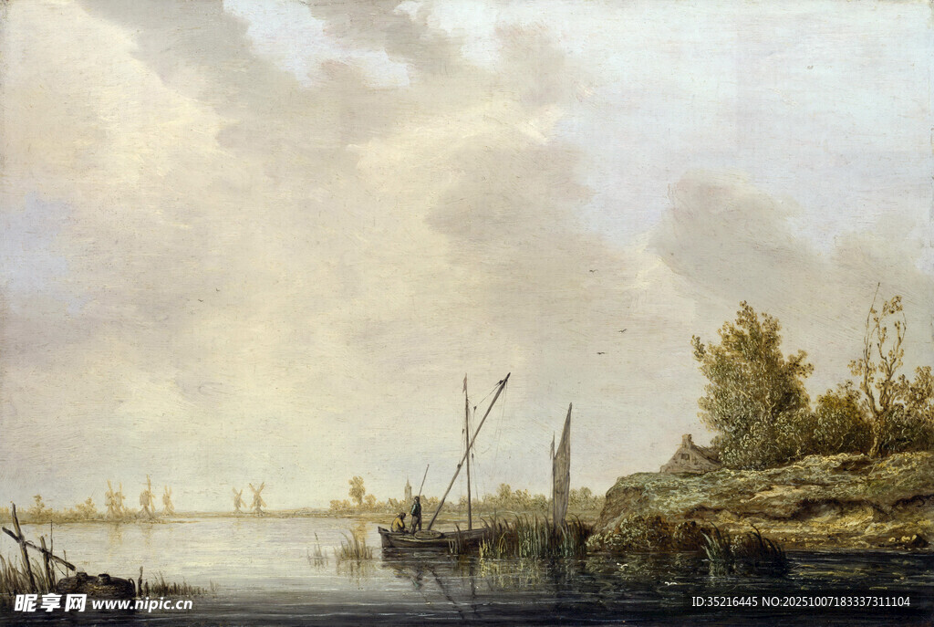 河畔风景油画