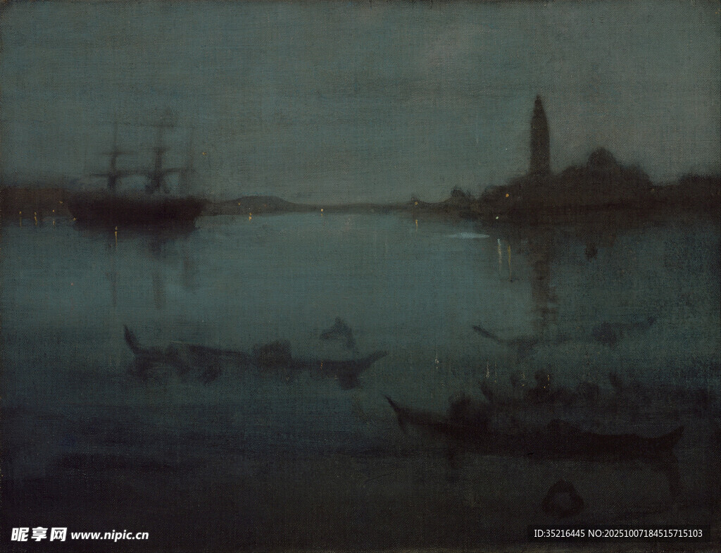 海上船只夜景水彩画