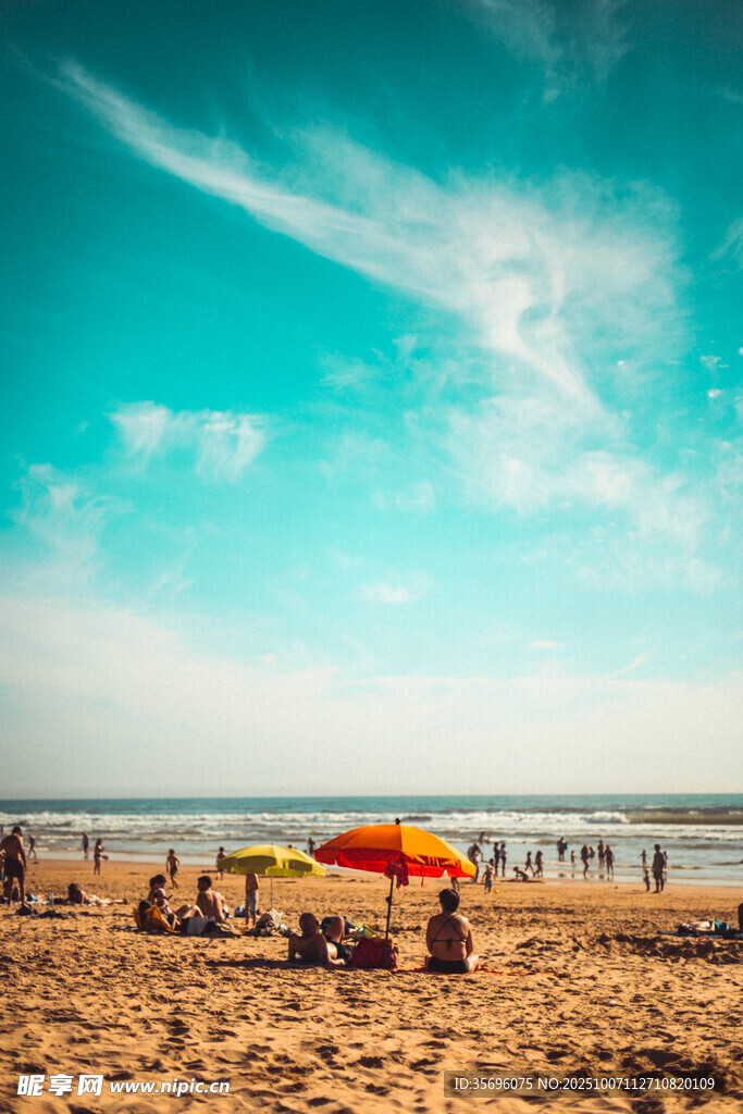 热闹的海滨沙滩休闲场景