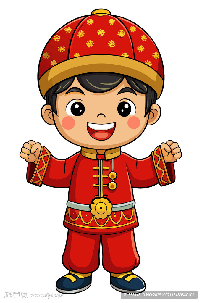 喜庆红衣小男孩迎新春