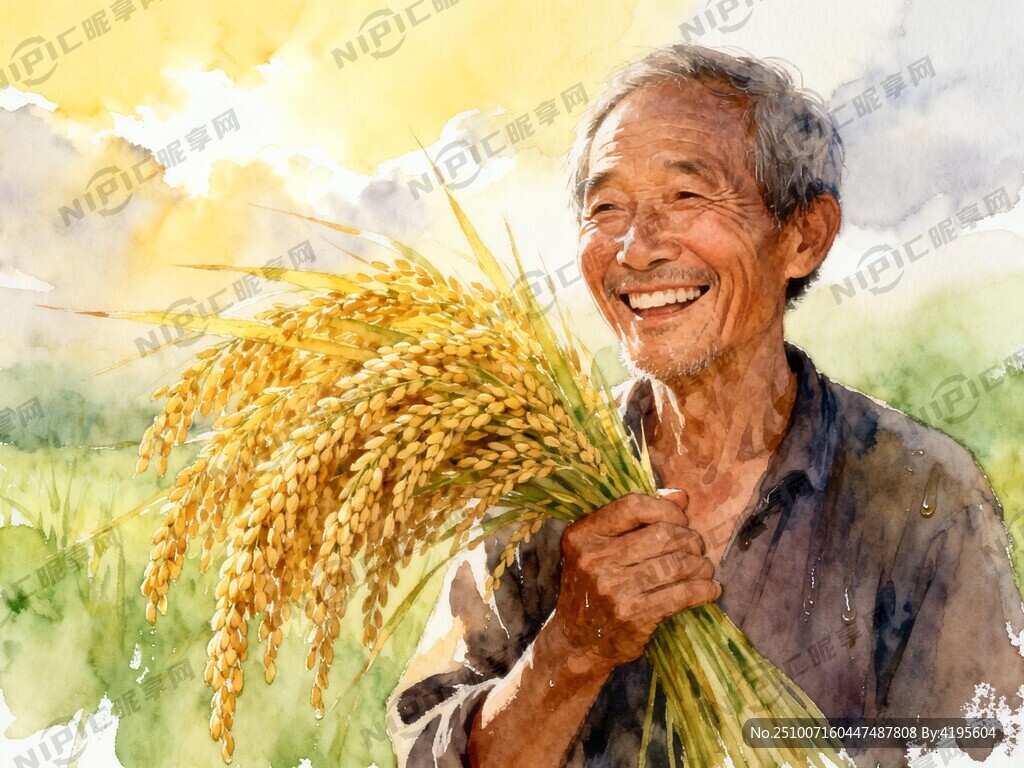 一位笑容灿烂的农名手握金色稻穗