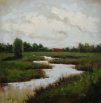 乡村河畔风景油画