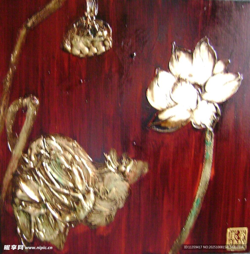 红木嵌金荷花装饰图案
