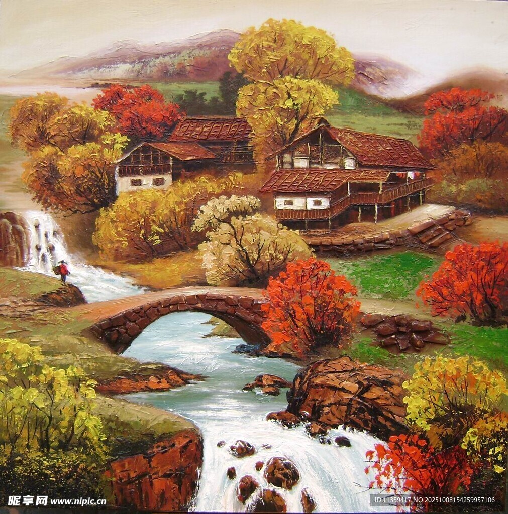 秋日溪边小屋美景