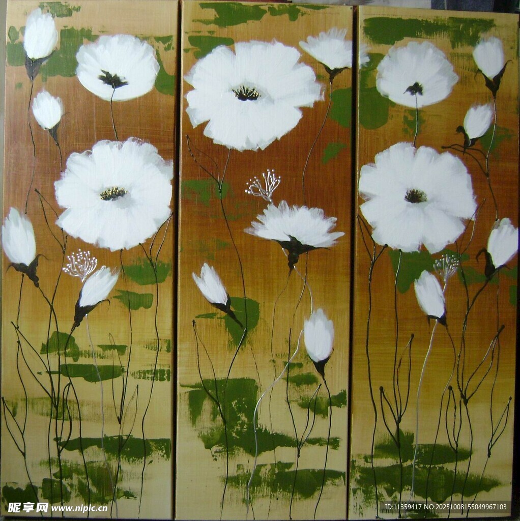 三联花卉油画作品展示
