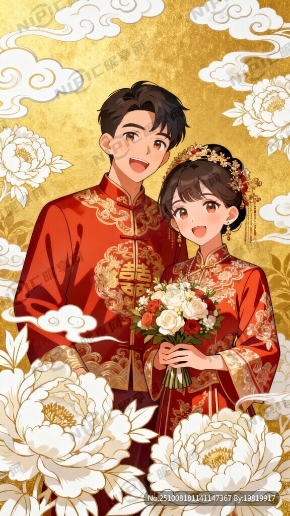 画面：金色打底 新娘手捧花束