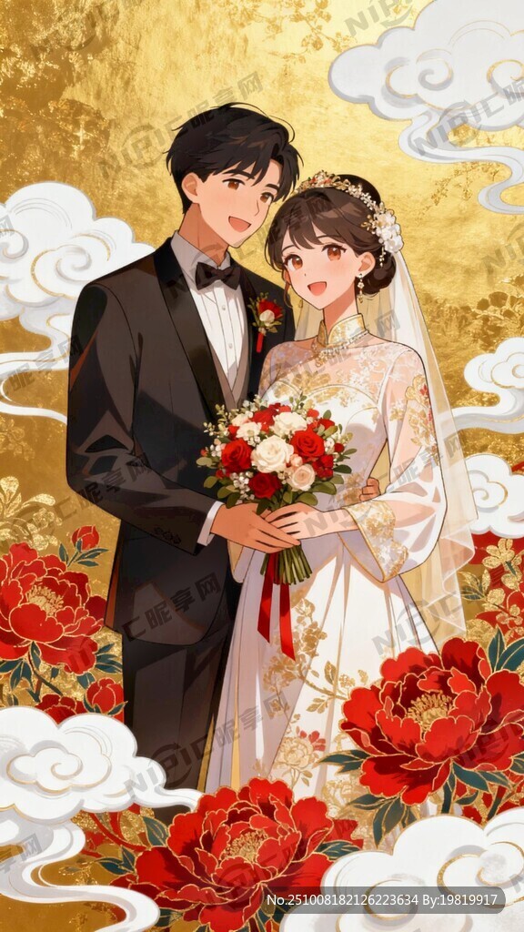 画面：金色 新娘手捧花束
