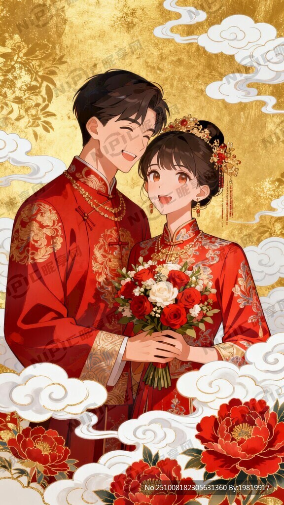 画面：金色 新娘手捧花束