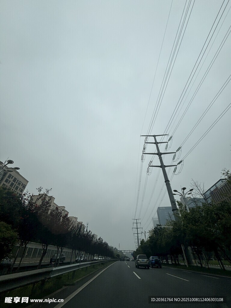 雾中公路与电线杆景象