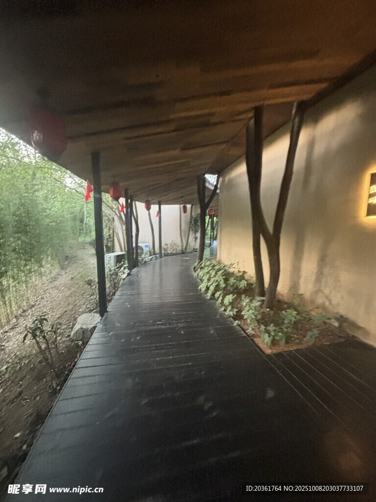木质长廊下的幽静小道