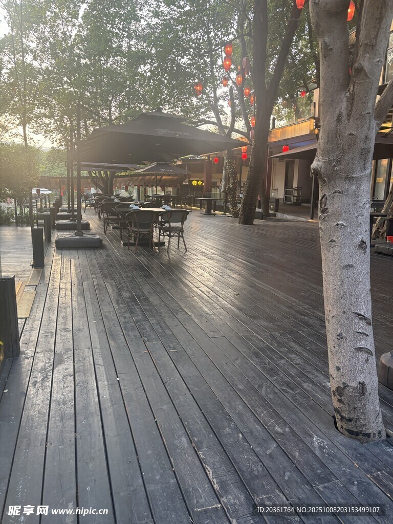 阳光洒落的木质休闲街道