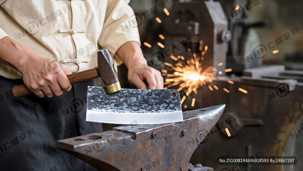 中国风 铁匠师傅在锻打厨师刀